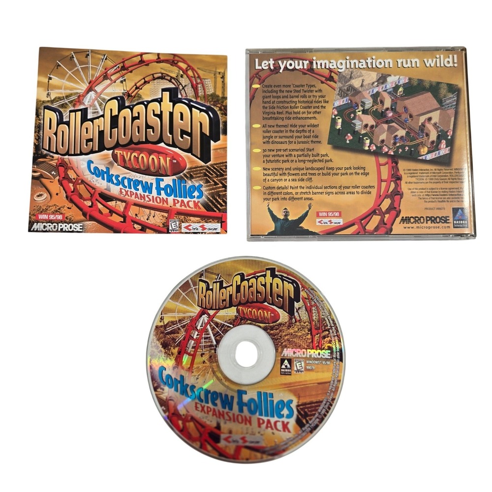 RollerCoaster Tycoon Corkscrew Follies PC Game 1999 Expansion‎ Windows 95 98 VTG